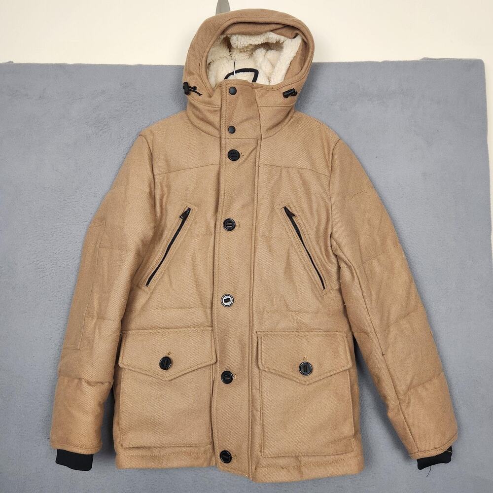 Express Jacket Mens Small Beige Wool Blend Hooded Parka Sherpa Lined Winter